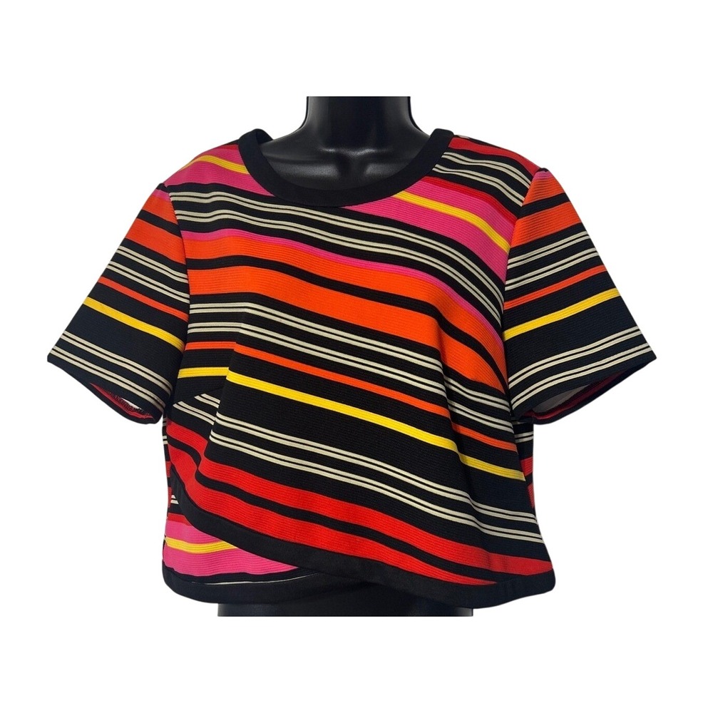 7th Avenue New York & Company Striped Scuba Crop Top XL Black Orange Pink Yellow